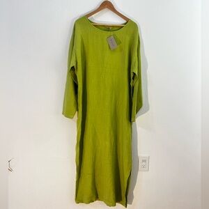 Relaxed Long-Sleeve Linen Midi Dress in Chartreuse - Unbranded
